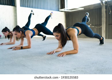 Three Beautiful Women Doing A Forearm Plank And Leg Lifts During Power Training At The Gym. Active Women With Slim Bodies Working Out In A HIIT Class