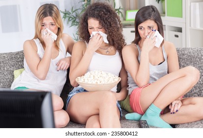 Three Beautiful Young Girls  Watching Sad Movie Depressed 