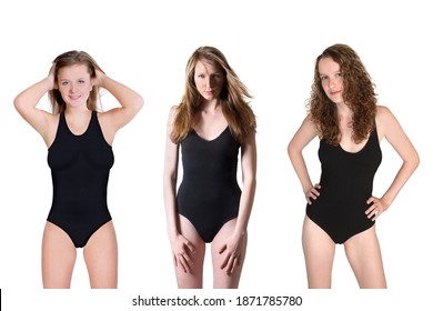Three beautiful young women wearing black bathing suits, isolated in front of white background