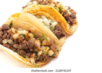 Three Beef Steak Street Tacos on a White Background