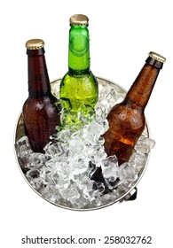 Three Beer Bottles In A Bucket With Ice, Top View