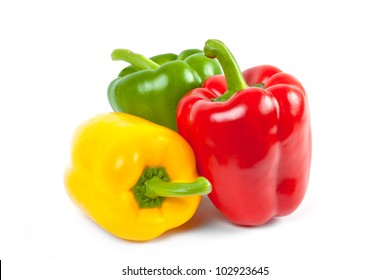 three bell peppers isolated on white background - Shutterstock ID 102923645