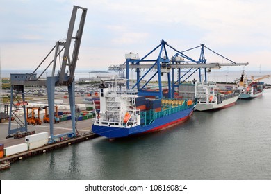 Three big cargo ships in Copenhagen seaport, Denmark; Cranes load cargo