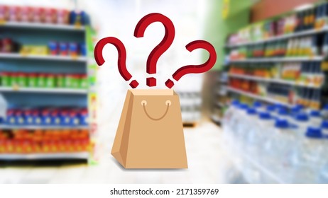 Three Big Red 3d Question Marks Over Shopping Bag On Blur Supermarket Background. Rising Product Prices. Inflation Concept. Finance And Economy. Grocery Store. Global Food Crisis. Supply Chain Issues.