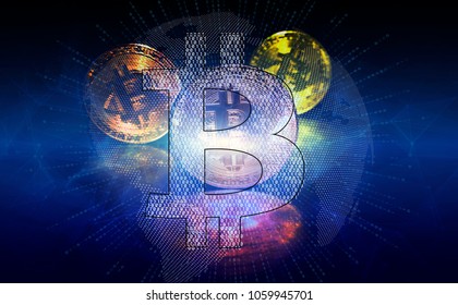 Three bitcoin inside abstract planet earth on particle background, binary code and symbol bitcoin