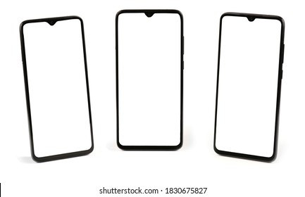 Three Black mobile smartphones with white screen. isolated on white background. High resolution photo. Full depth of field. Photo concept of turning a smartphone of one model. - Shutterstock ID 1830675827