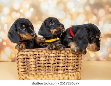 Three black and tan smooth-haired miniature dachshund puppies in a round woven wicker basket on a cream background. Curious expressions as they look out. Cute trio of purebred dogs. - Powered by Shutterstock