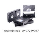 three black video cassettes and black compact disc isolated on white background, VHS vs DVD, close-up, side view