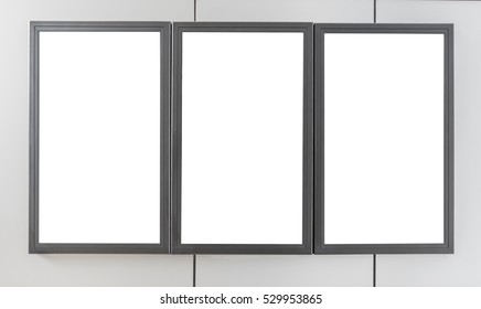 Three Blank Billboards Display On Modern Wall For Advertisement Content