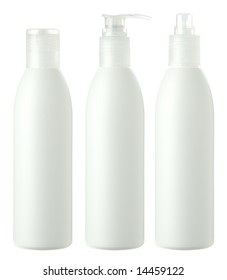 Three blank bottles of shampoo,  conditioner and hair protector products