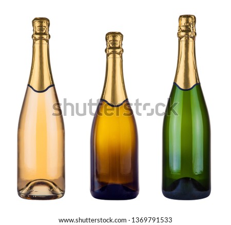 three blank champagne bottles isolated on white