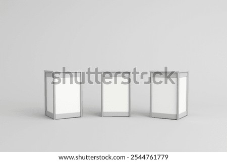 Three blank display counters arranged side by side, perfect for branding and showcasing products at trade shows, exhibitions, or promotional events.
