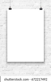 Three Blank Paper Poster Mockup On A White Brick Wall. 