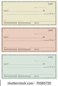 Three blank personal checks with no name and false account numbers in three different colors.