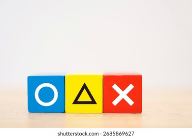 Three blocks of choice: circle, triangle, and cross. Copy space on white background.