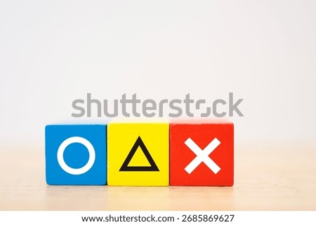 Three blocks of choice: circle, triangle, and cross. Copy space on white background.