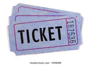 Three Blue Movie Or Concert Tickets Isolated On White Background. 