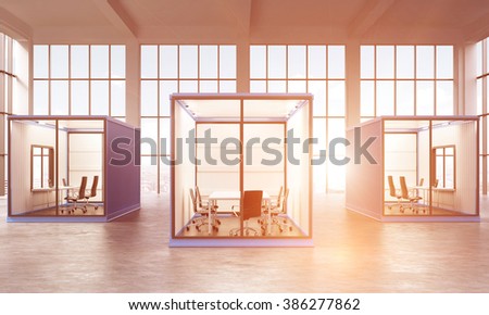 Three blue sea containers with offices inside. Panoramic window at the background. Front view. Filter, toned. Concept of a new start. 3D rendering