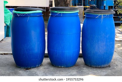 Three Blue Tank Is Container For Collect Food Waste Or Such As Garbage.