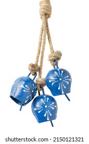 Three blue zen bells hanging rope isolated over white