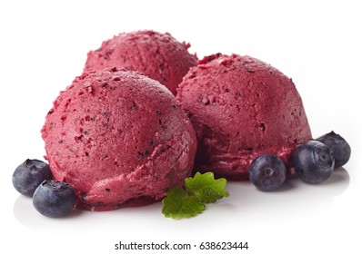 Three Blueberry Ice Cream Sorbet Balls Isolated On White Background