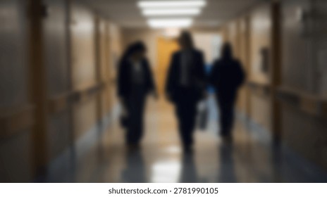 Three blurred figures are walking down a long hallway inside a building. The image is slightly out of focus, creating a sense of mystery and anonymity.