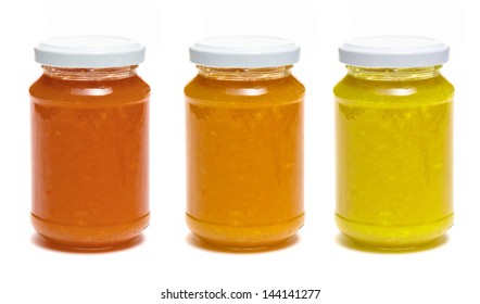 Three Bottle Of Jam On White Background