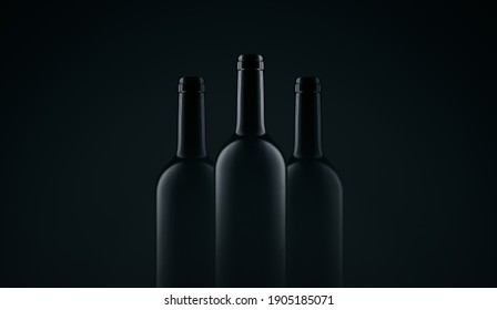 Three bottles of red wine, dark glass bottle without label mock up, black background with copy paste - Shutterstock ID 1905185071