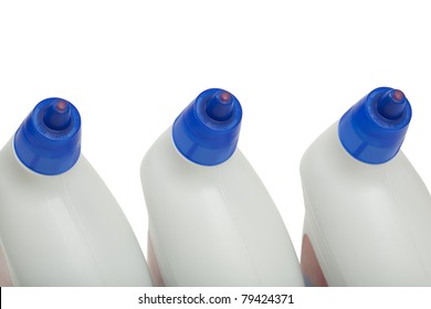 Three Bottles Of Toilet Bowl Cleaner; Isolated On White Background