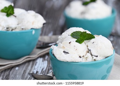 Three Bowls Of Chocolate Chip Cookie Dough Ice Cream. Extreme Shallow Depth Of Field With Selective Focus On Bowl In Front.