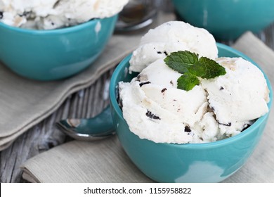 Three Bowls Of Chocolate Chip Cookie Dough Ice Cream Viewed From Above. Extreme Shallow Depth Of Field With Selective Focus On Bowl In Front.