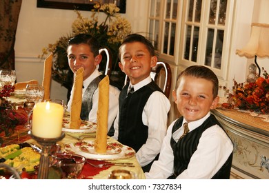 Three Boys All Dressed Up For A Formal Family Dinner In The Dining Room