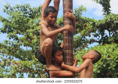 Three Boys Working Together To Climb The Pole Of The Areca Climbing Competition Takalar, Indonesia - August, 17,2022