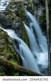 Three Branches of Sol Duc Falls Pour Over Mossy Cliffs in Olympic National Park