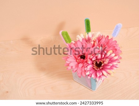Three brightly colored toothbrushes and flowers stand in a coaster. Copy space for text. Care health.