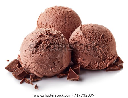 Three brown chocolate ice cream balls isolated on white background