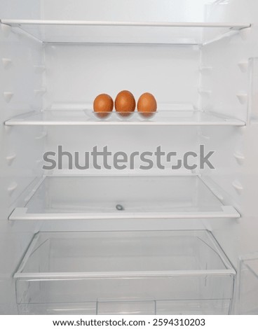 Three brown eggs sit alone on a glass shelf inside an almost empty refrigerator, emphasizing minimalism and simplicity.