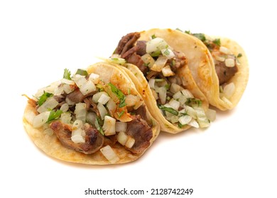 Three Buche Street Tacos Isolated on a White Background - Shutterstock ID 2128742249