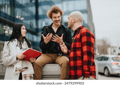 Three business associates engage in a lively discussion with notepad in hand outside an office building. - Powered by Shutterstock