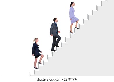 Three business people climbing a flight of stairs, white background.