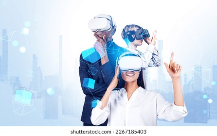 Three business people in vr glasses, working and meeting in digital world, blockchain hologram and overlay with skyscrapers. Concept of teamwork and futuristic lifestyle - Powered by Shutterstock