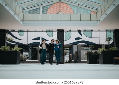 Three business professionals walking together in a modern office lobby, engaging in a discussion. Bright, spacious environment with contemporary decor and natural light. - Powered by Shutterstock