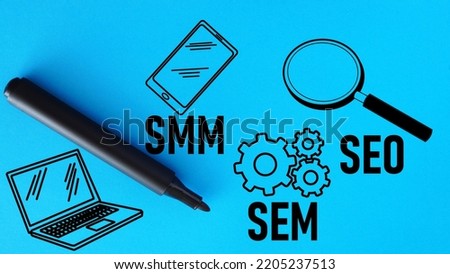Three business strategies seo, sem and smm are shown using a text