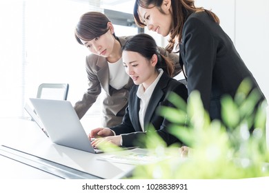 Three Businesswomen Working In The Office. Positive Workplace Concept.