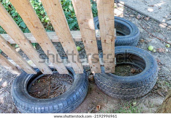 Three car tires dumped and abandoned under some\
wooden planks in the backyard of a farm against ground, sparse\
green vegetation in background, sunny summer day. Concept of\
environmental pollution