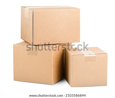 three cardboard boxes on white isolated background