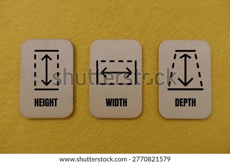 Three cards showing height width and depth measurements