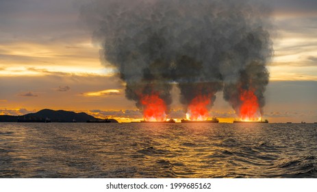 Three Cargo Ships Caught Fire In The Middle Of The Sea In The Evening.