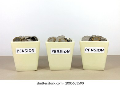Three Ceramic Pots Labelled Pension Full Of Cash. Triple Lock Pension Concept.