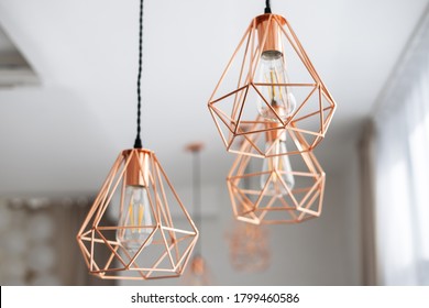 Three Chandeliers In The Art Nouveau Style Of Copper Wire